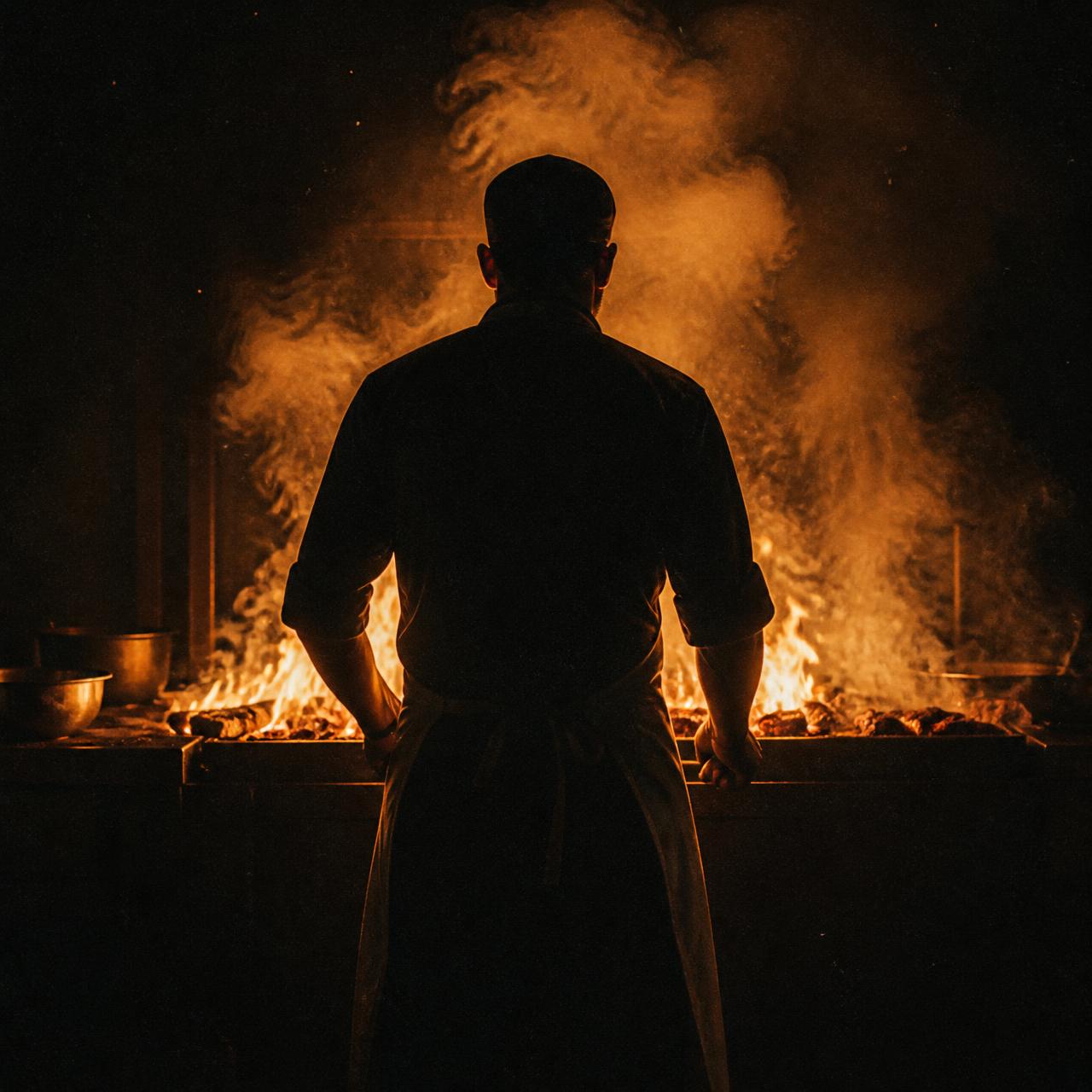 Silhouette of a chef before an open fire