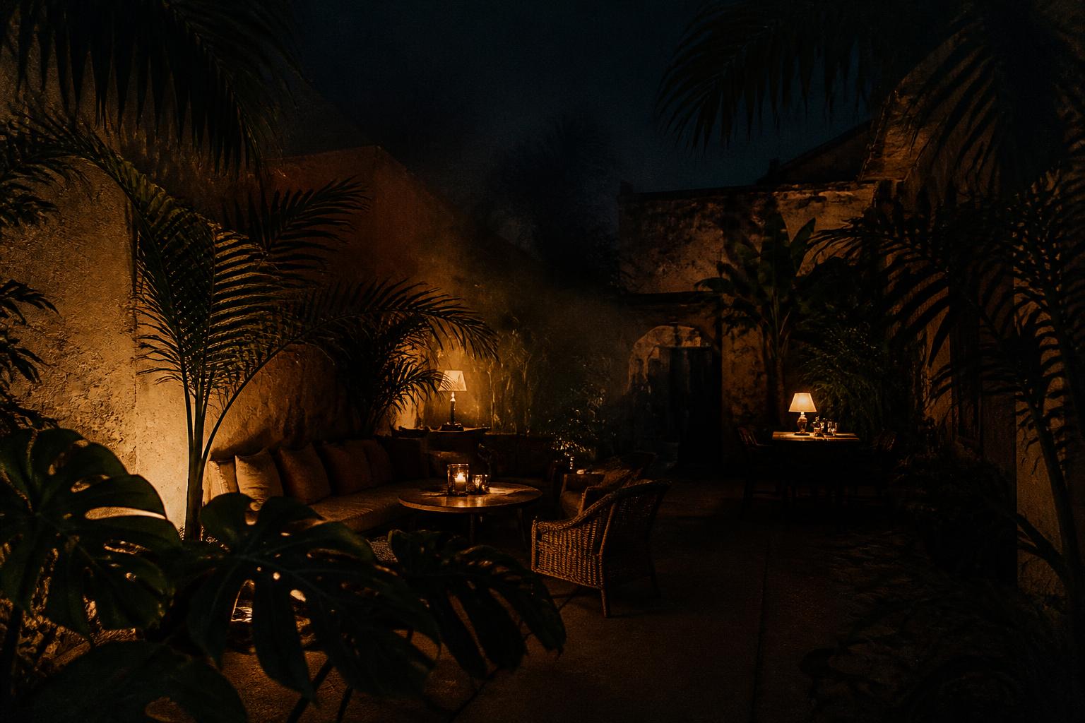 Dark tropical courtyard lit by warm table lamps